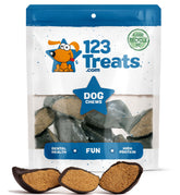123 Treats huesos de vaca rellenos en empaque, sabor delicioso y masticación duradera para perros.