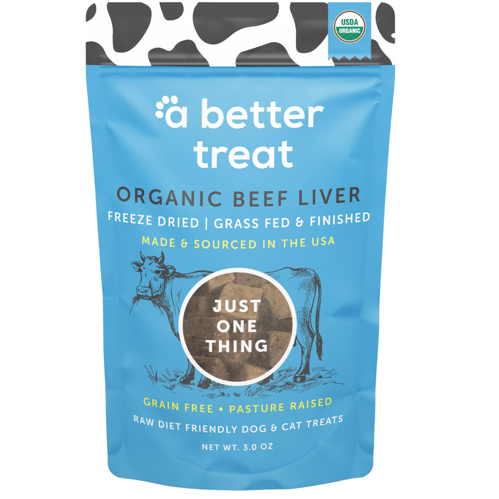 Golosina de hígado orgánico de A Better Treat para perros y gatos, alta proteína para entrenamiento.