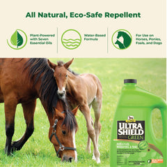Absorbine UltraShield Green aplicado en caballos para repeler insectos durante el entrenamiento al aire libre.