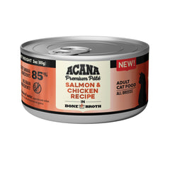 ACANA Premium Pate salmón y pollo, textura cremosa para felinos exigentes.