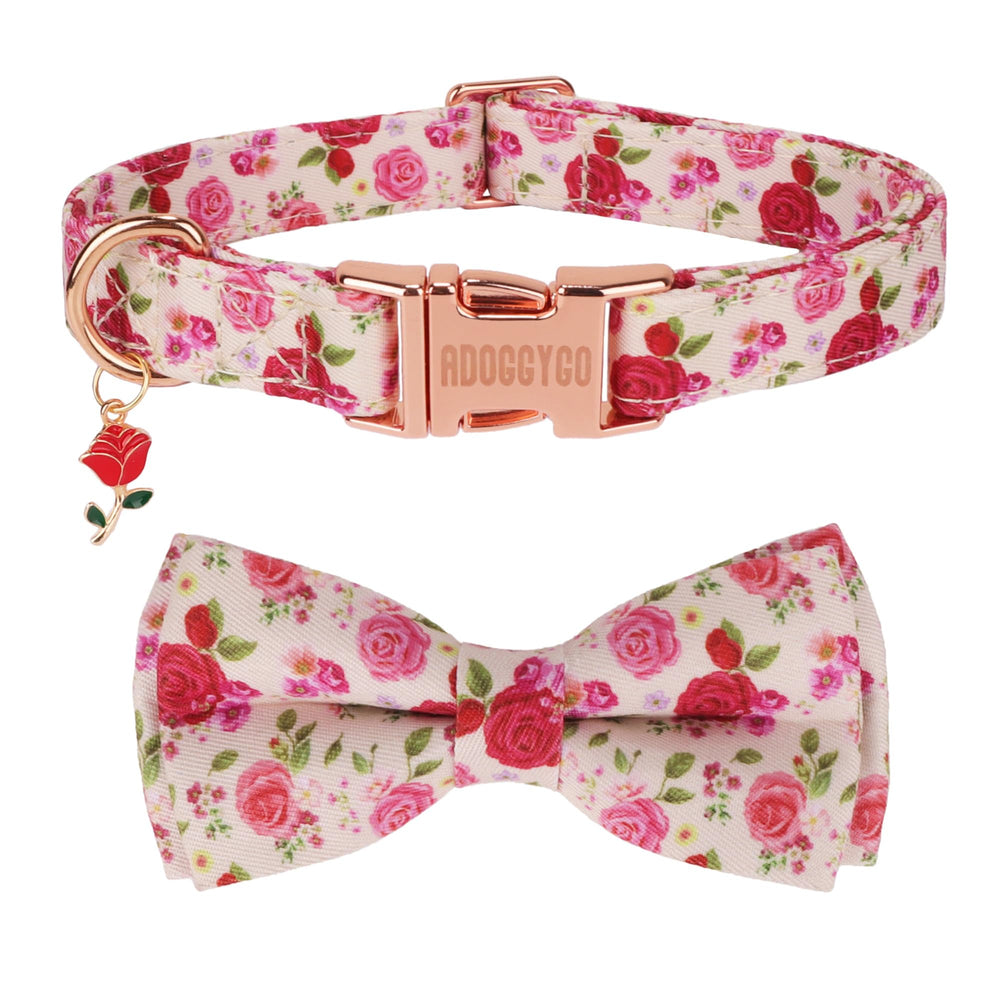 ADOGGYGO collar floral con lazo, rosas rojas, ideal para paseos con estilo.