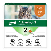 Advantage II para gatos pequeños mostrando aplicación en nuca y protección mensual posible.