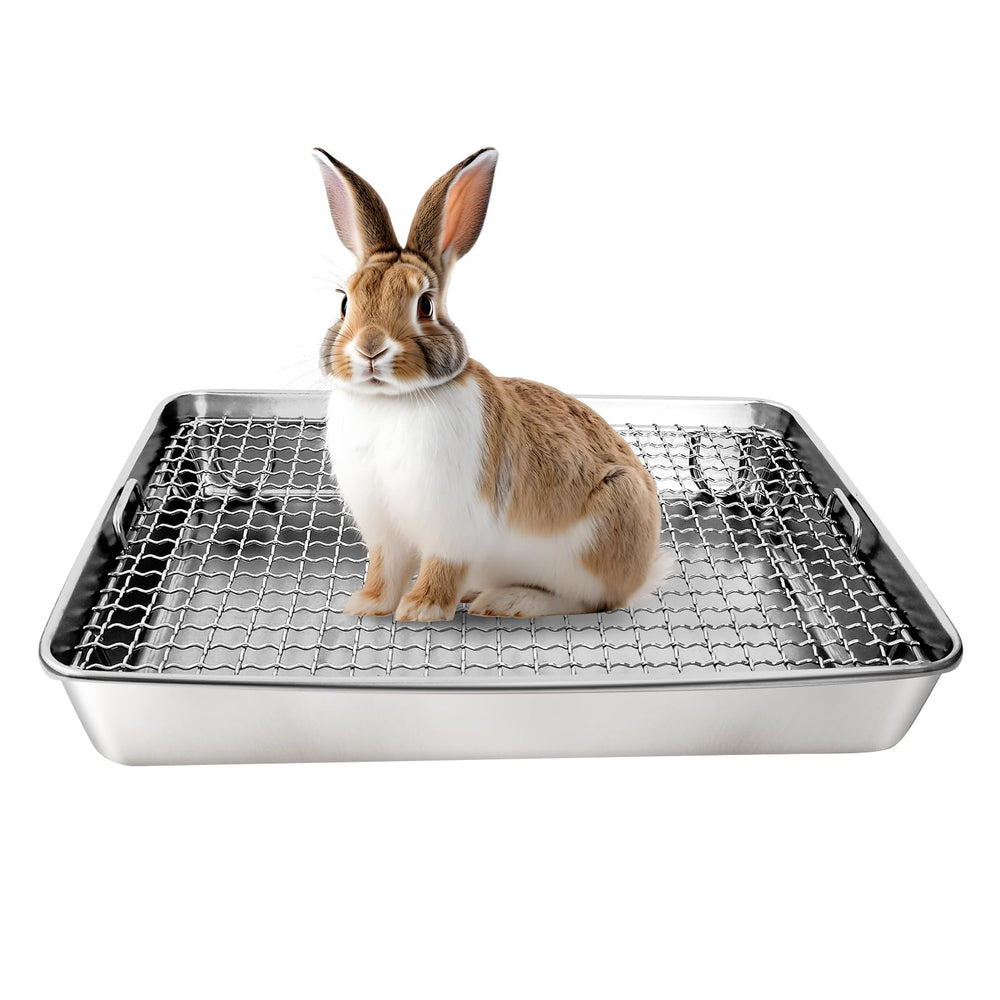 AGGQQA caja de arena para conejos en acero inoxidable, frente visible, limpieza simple.