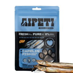 Empaque de AIPETI Capelin deshidratado; snack premium para entrenamiento y recompensas.