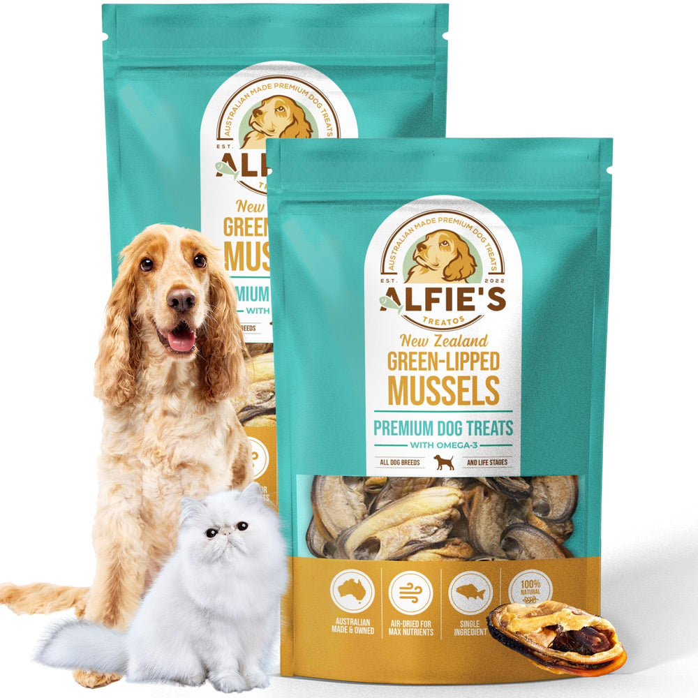 ALFIE'S TREATOS mejillones verdes secos al aire en bolsa con cierre para perros.