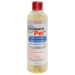 Allersearch Pet+ champú para perro, botella muestra aplicación suave para piel sensible.