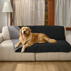 Amazon Basics cubre sofá para perros; visual: sala gris que protege y ofrece comodidad.