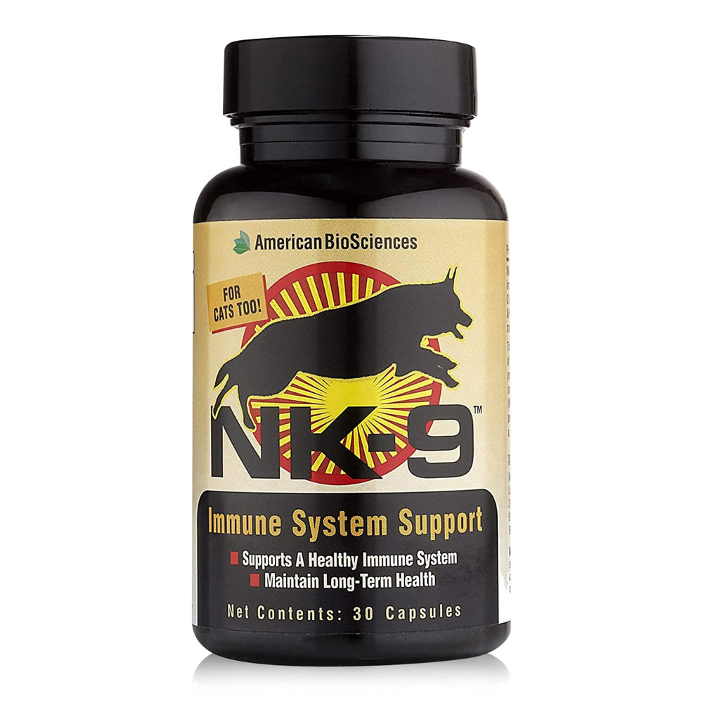 American BioSciences NK-9 cápsulas 250 mg, envase para apoyar defensas en mascotas.