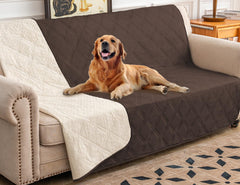 Funda impermeable Ameritex para perro en sofá, protege muebles de líquidos y manchas.