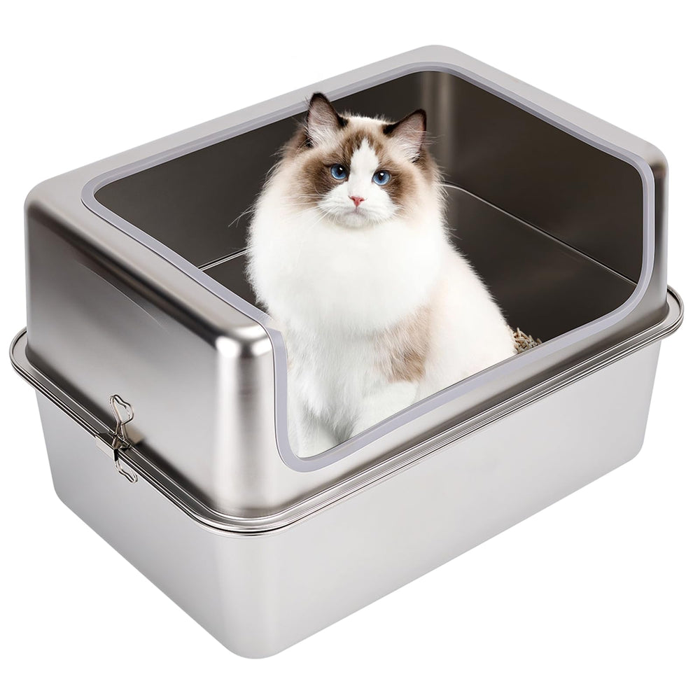 Amibud caja de arena para gatos en acero inoxidable con tapa de metal, resistencia y durabilidad.
