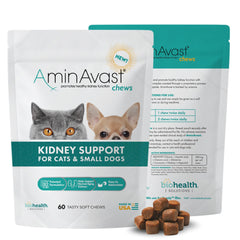 AminAvast envase de 60 gomitas suaves para salud renal en gatos y perros pequeños.