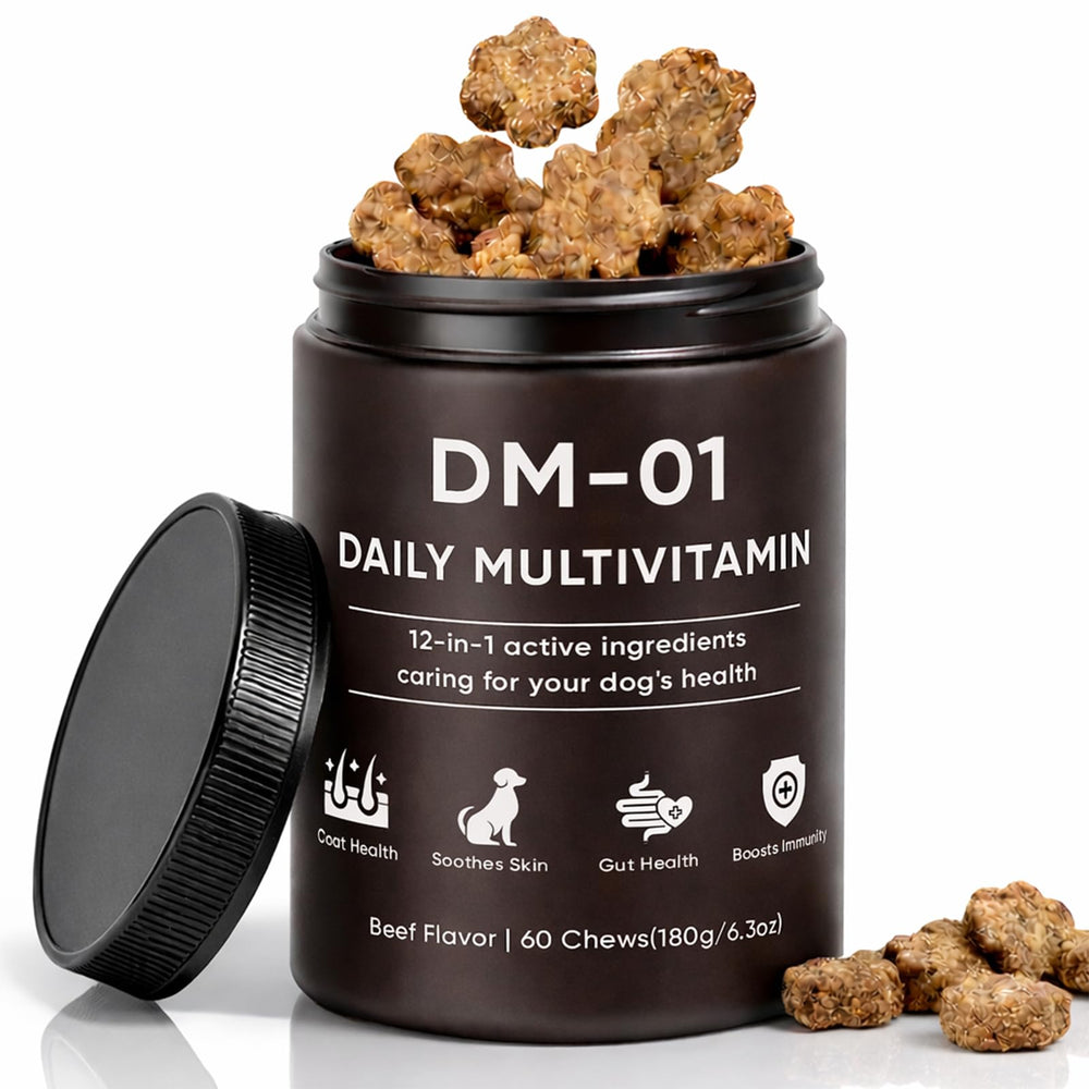 AMOQUCT DM-01 gomitas multivitaminas para perro, piel suave y pelaje brillante.