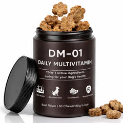 AMOQUCT DM-01 gomitas multivitaminas para perro, piel suave y pelaje brillante.