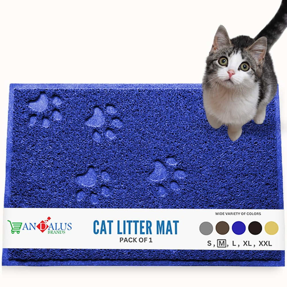 Alfombrilla Andalus Brands para arena de gato en azul, captura partículas y protege el suelo.