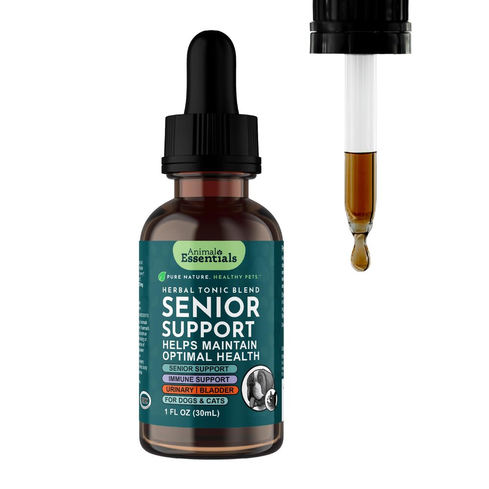 Animal Essentials Senior Support con gotero para dosificar fácilmente a perros y gatos.