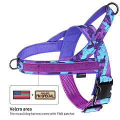 Parches y velcro en arnés Annchwool para personalización y estilo durante paseos.