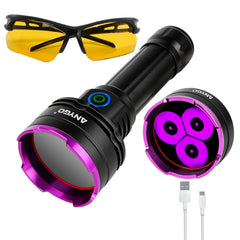 ANYGO linterna UV 365nm 30W con filtro negro para detección de manchas y objetos ocultos.
