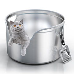 Caja de arena Aothey de acero inoxidable, diseño redondo y amplio espacio para varios gatos.