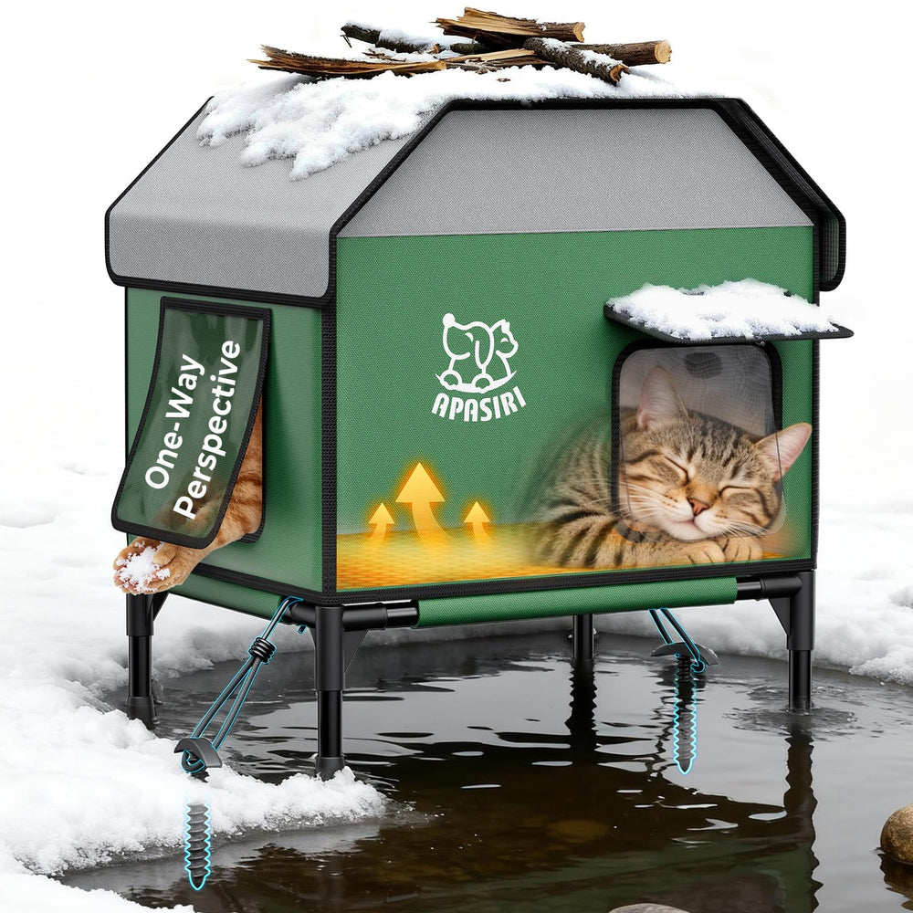 Apasiri casa-gato-exterior aislada con calefactor para inviernos cálidos.