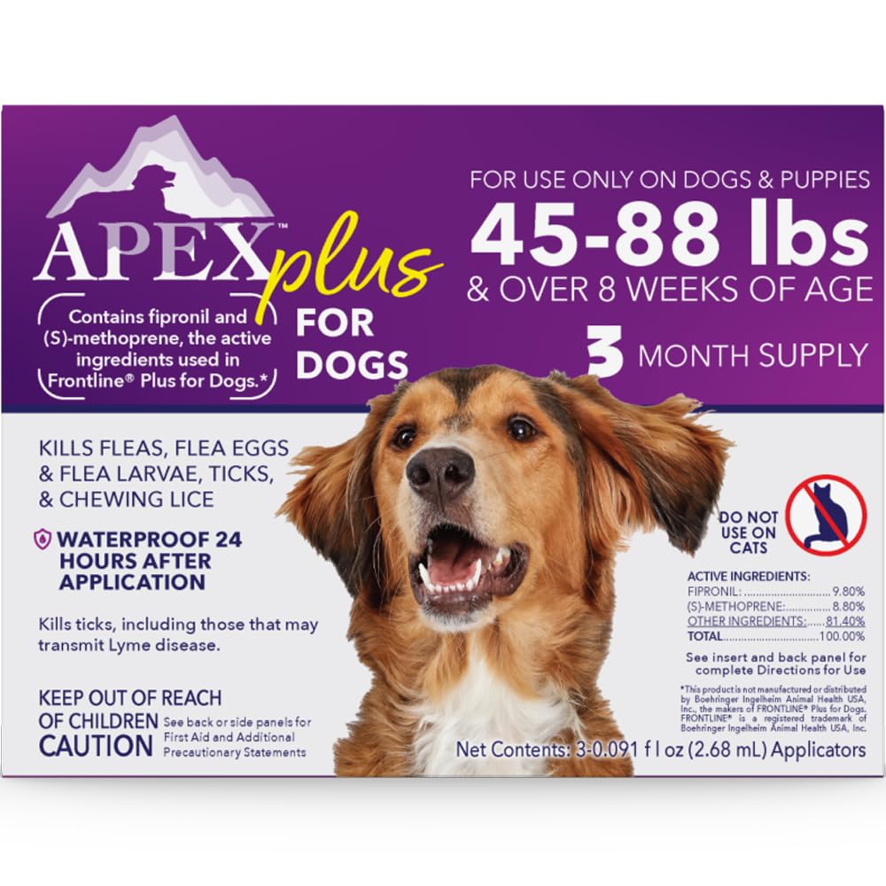 Apex Plus: botella de aplicación tópica para perros, protección contra pulgas y garrapatas.