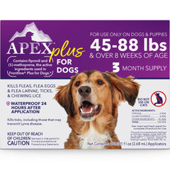 Apex Plus: botella de aplicación tópica para perros, protección contra pulgas y garrapatas.