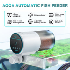 AQQA alimentador automático para acuario, ajuste de volumen para porciones exactas.