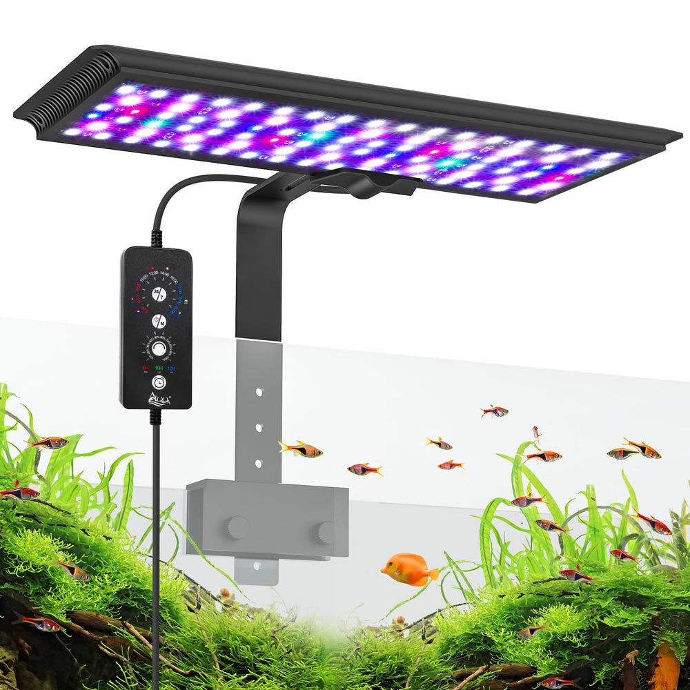 Luz AQQA con clip para acuario iluminando peces y plantas