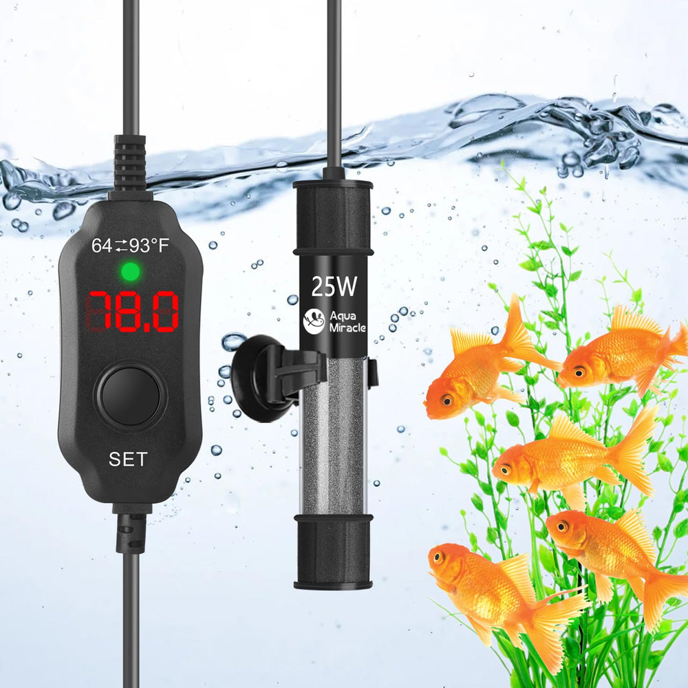 Calentador AquaMiracle compacto con pantalla LED para acuarios pequeños.