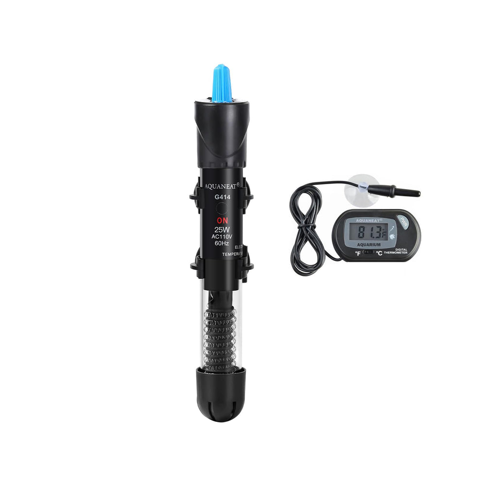 Calentador AQUANEAT de 25 vatios instalado en acuario, mantiene temperatura estable para peces.