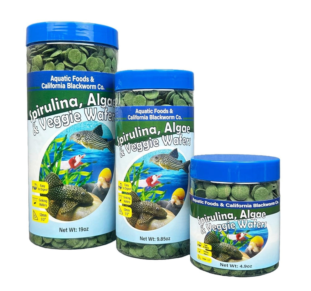 Aquatic Foods Inc. frente de lata con obleas de 12 mm, alimento estable para peces.