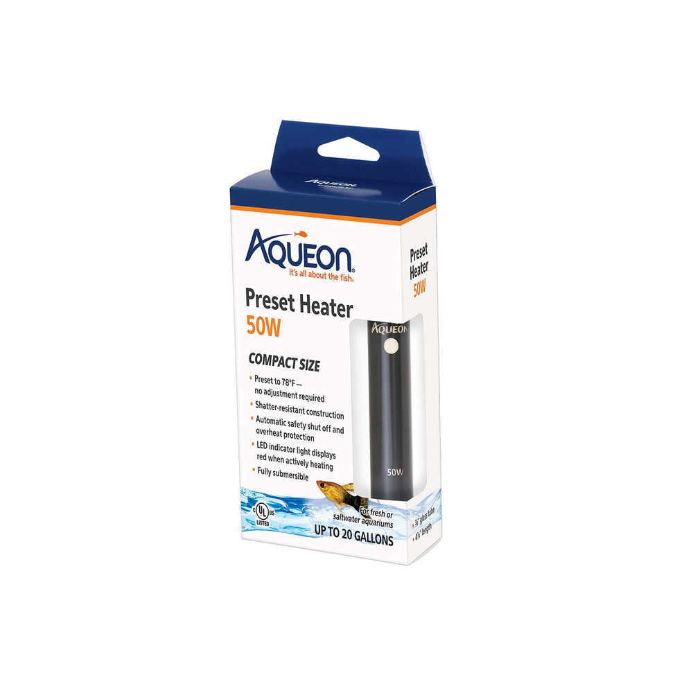 Aqueon calentador preset 78°, temperatura estable para peces tropicales.