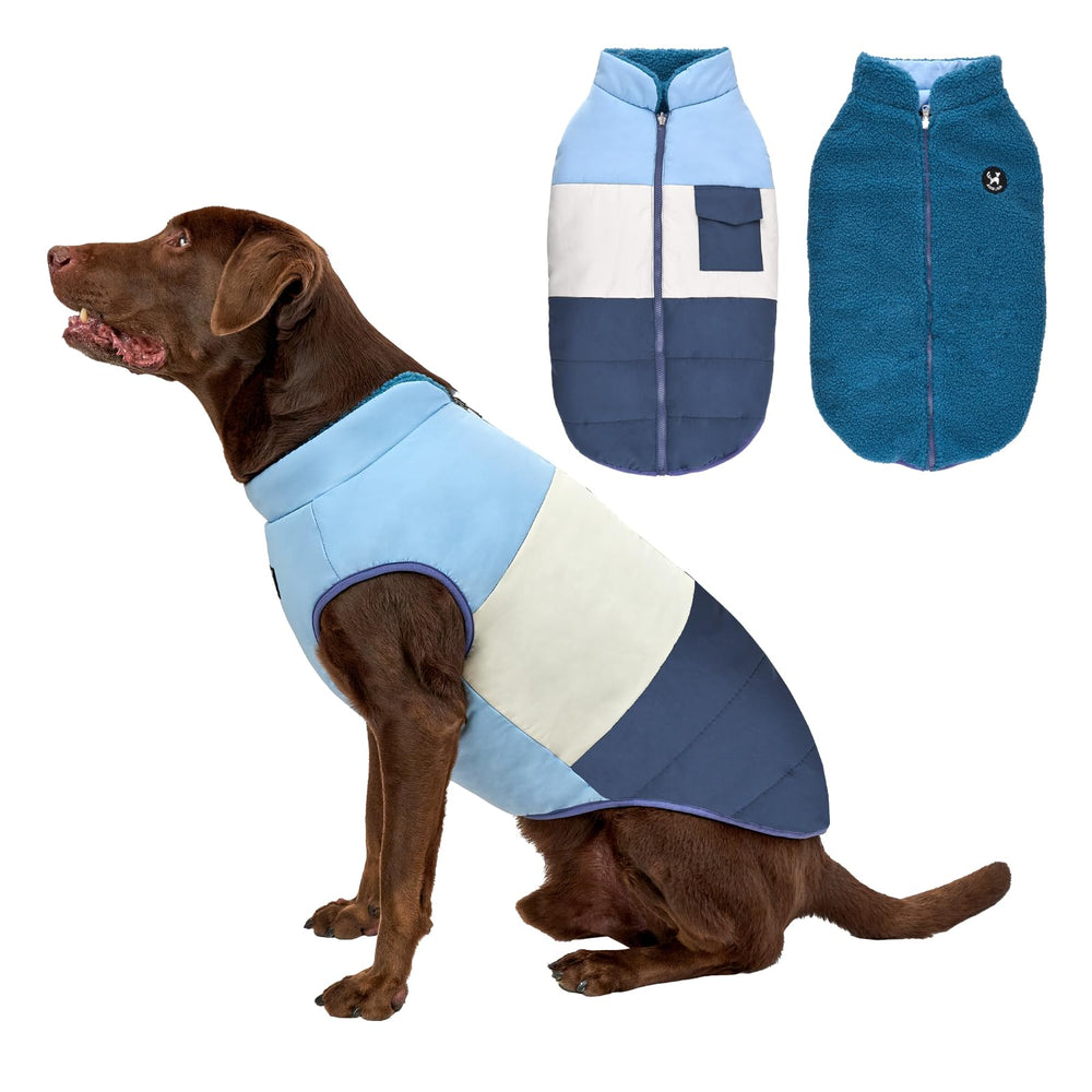 Arblina abrigo reversible para perro, vista frontal, dos estilos para salir al frío.