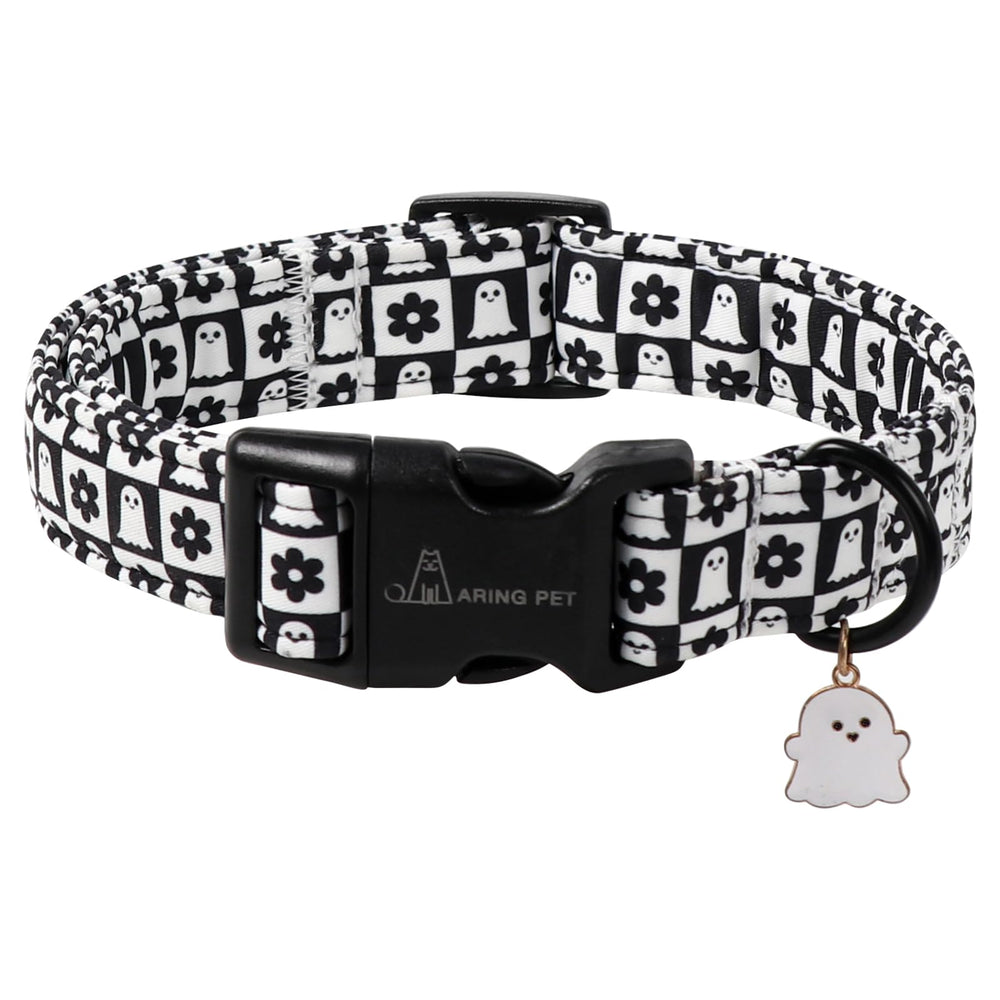 Collar ARING PET Halloween con flor fantasma en blanco y negro, ideal para fiestas caninas.