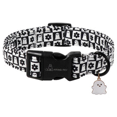 Collar ARING PET Halloween con flor fantasma en blanco y negro, ideal para fiestas caninas.