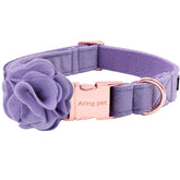 Aring pet collar velvet morado con flor desmontable, ideal para paseos y fotos.