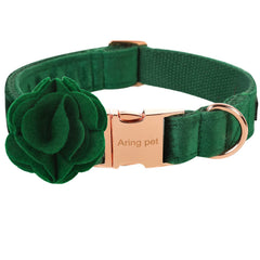 Aring Pet collar Velvet verde oscuro con flor desmontable para paseos cómodos