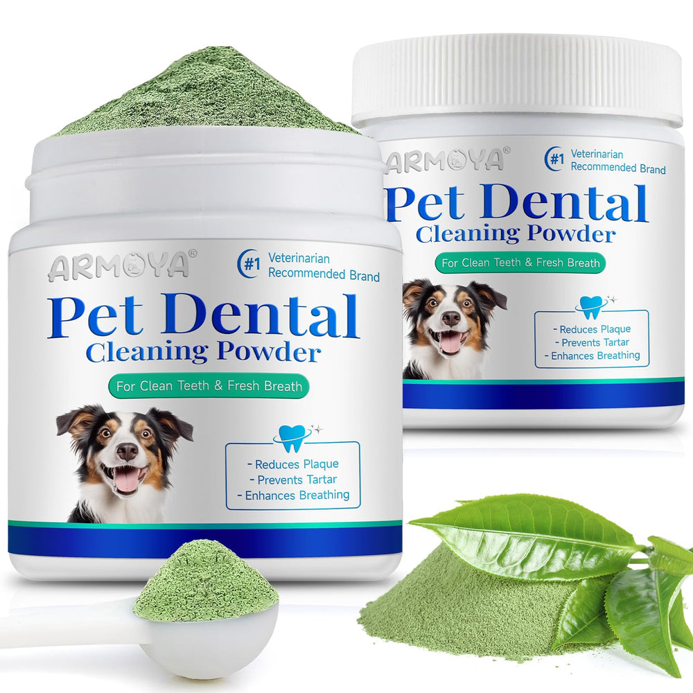 ARMOYA polvo dental para perros promueve limpieza bucal y aliento fresco.