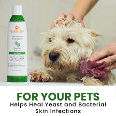 Aroma Paws shampoo, enfoque en olor, elimina olores de mascota con aroma agradable.