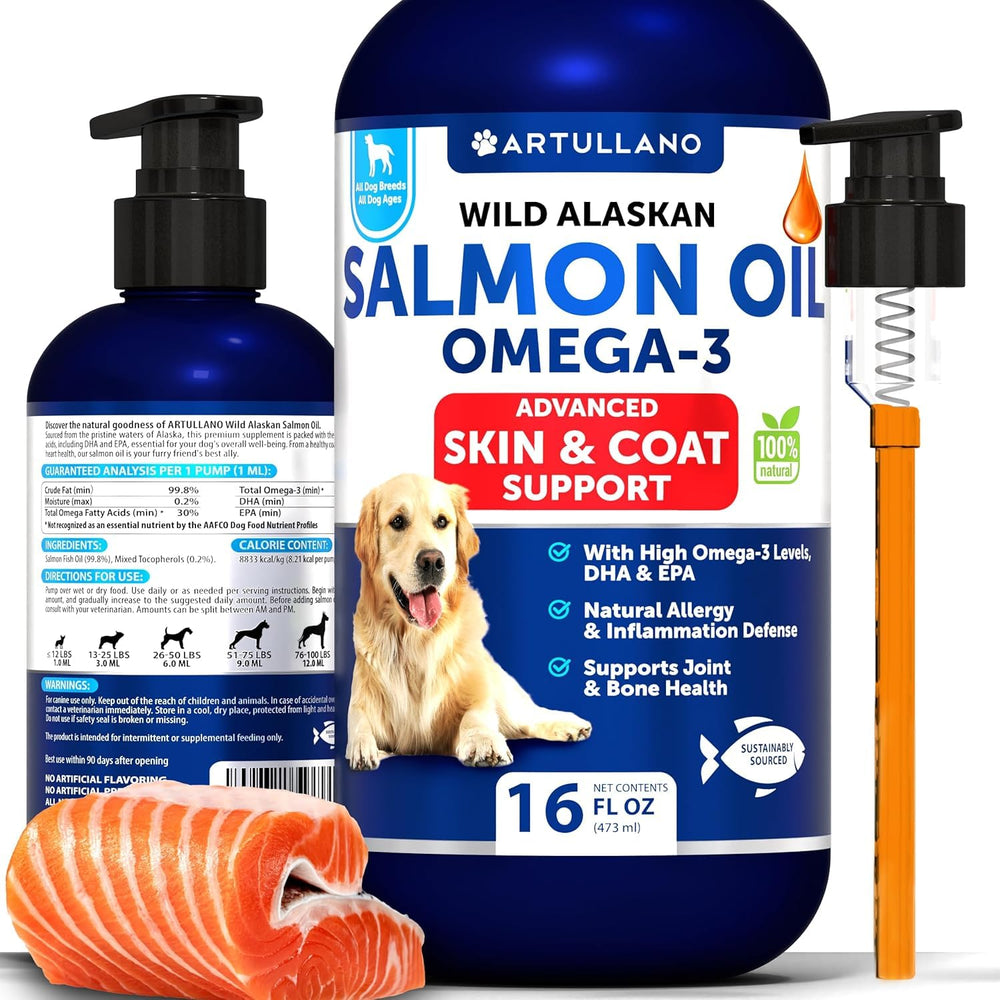 Artullano Aceite de Salmón para perros, botella de 473 ml, favorece piel y pelaje saludables.