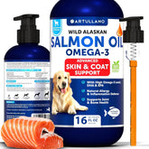 Artullano Aceite de Salmón para perros, botella de 473 ml, favorece piel y pelaje saludables.