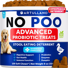 Artullano Masticables No Heces, paquete frente, apoya digestión saludable en perros.