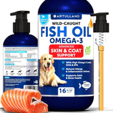 Artullano Omega 3 para perros, botella vertiendo, piel saludable y pelaje brillante.