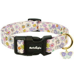 Collar Astdogio para perro pequeño con flores y mariposas, ideal para paseos y fotos.