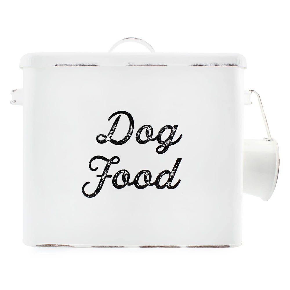 AuldHome Design contenedor para comida de perros, blanco estilo granja, ideal para organizar raciones.