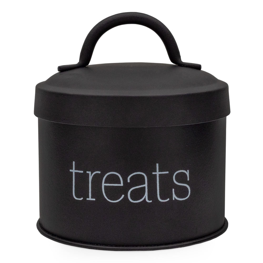 Lata para golosinas de gato de AuldHome Design, esmaltado negro, almacenamiento compacto.