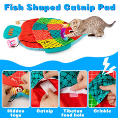 Bolsillos ocultos con hierba gatera y juguetes en AWOOF Cat Mat forma pescado