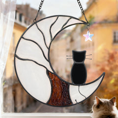 Ayadon Gato Memoria colgante para ventana con luna y árbol de la vida, recuerdo duradero.