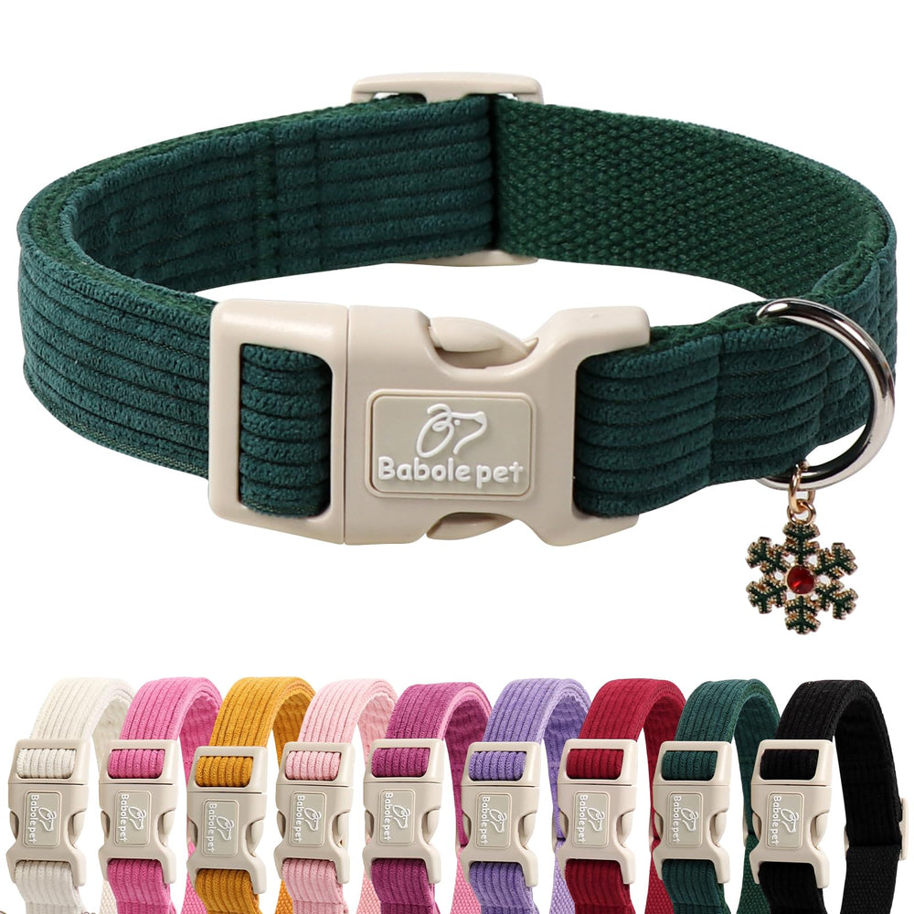 Babole Pet collar de pana verde bosque puesto en perro, ajuste cómodo para paseos.
