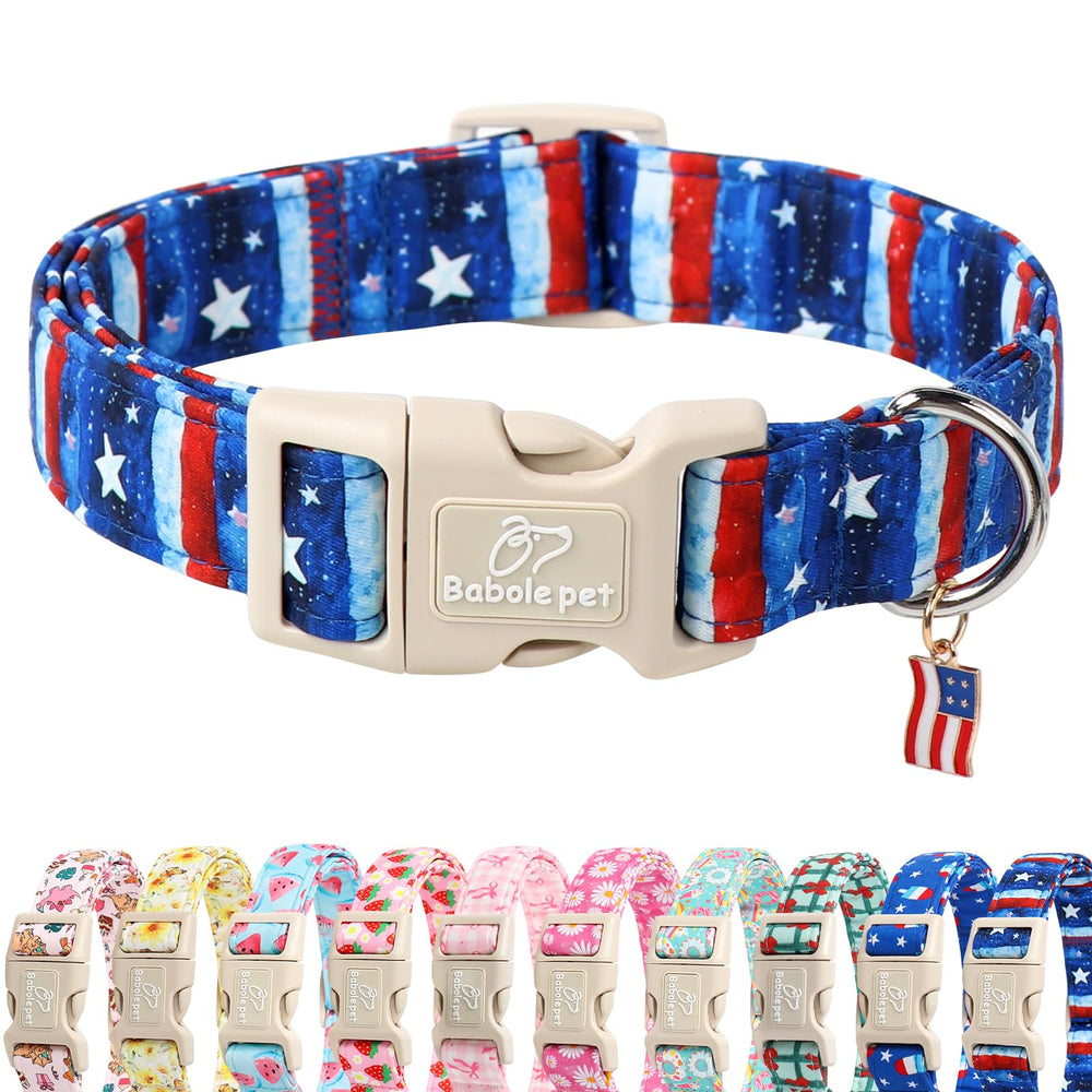 Collar Babole Pet para perro con estrellas y rayas, ideal para paseos patrióticos.