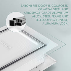 Baboni puerta para mascotas con marco metálico y cierre de aluminio, estructura robusta y segura.
